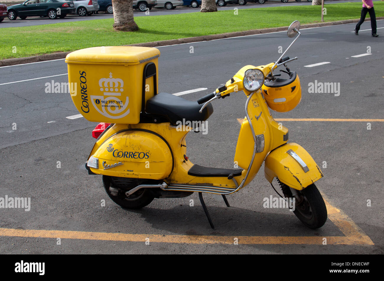 Postman`s Vespa scooter, Morro Jable, Fuerteventura, Canary Islands, Spain. Stock Photo